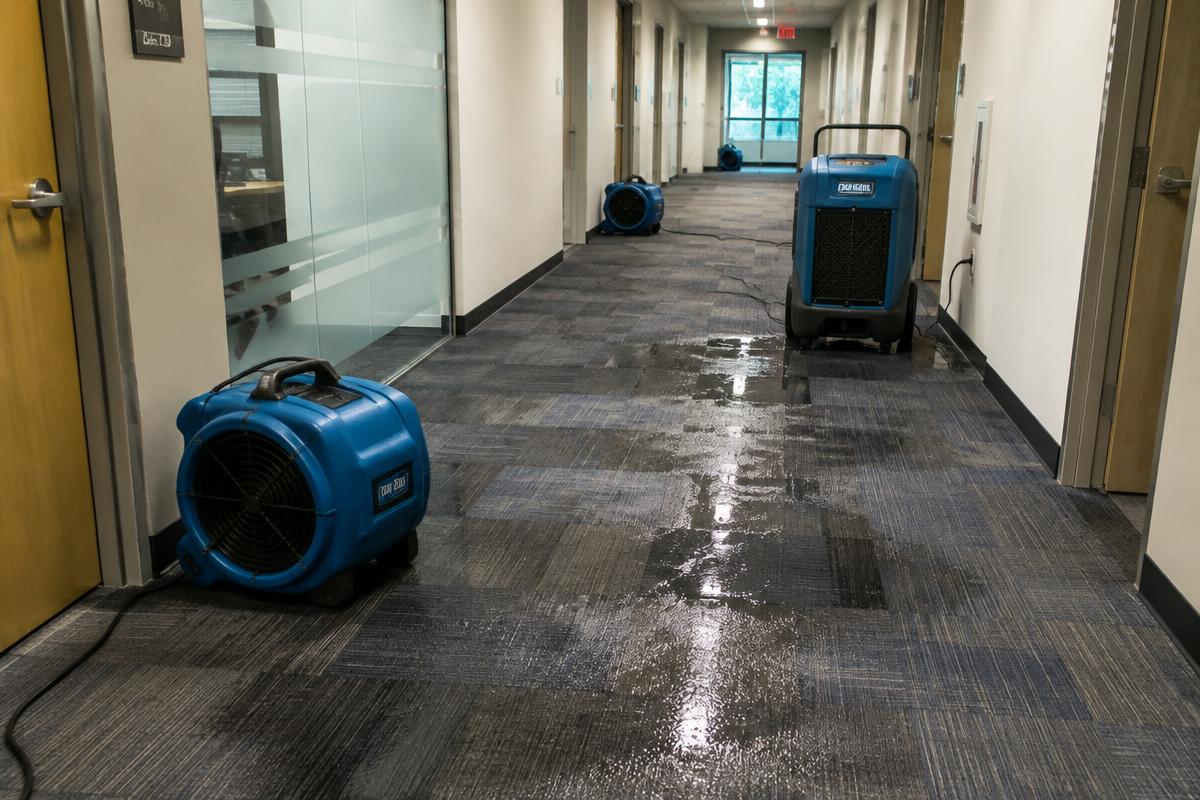 Air movers and a dehumidifier drying wet carpet tiles in a commercial office hallway