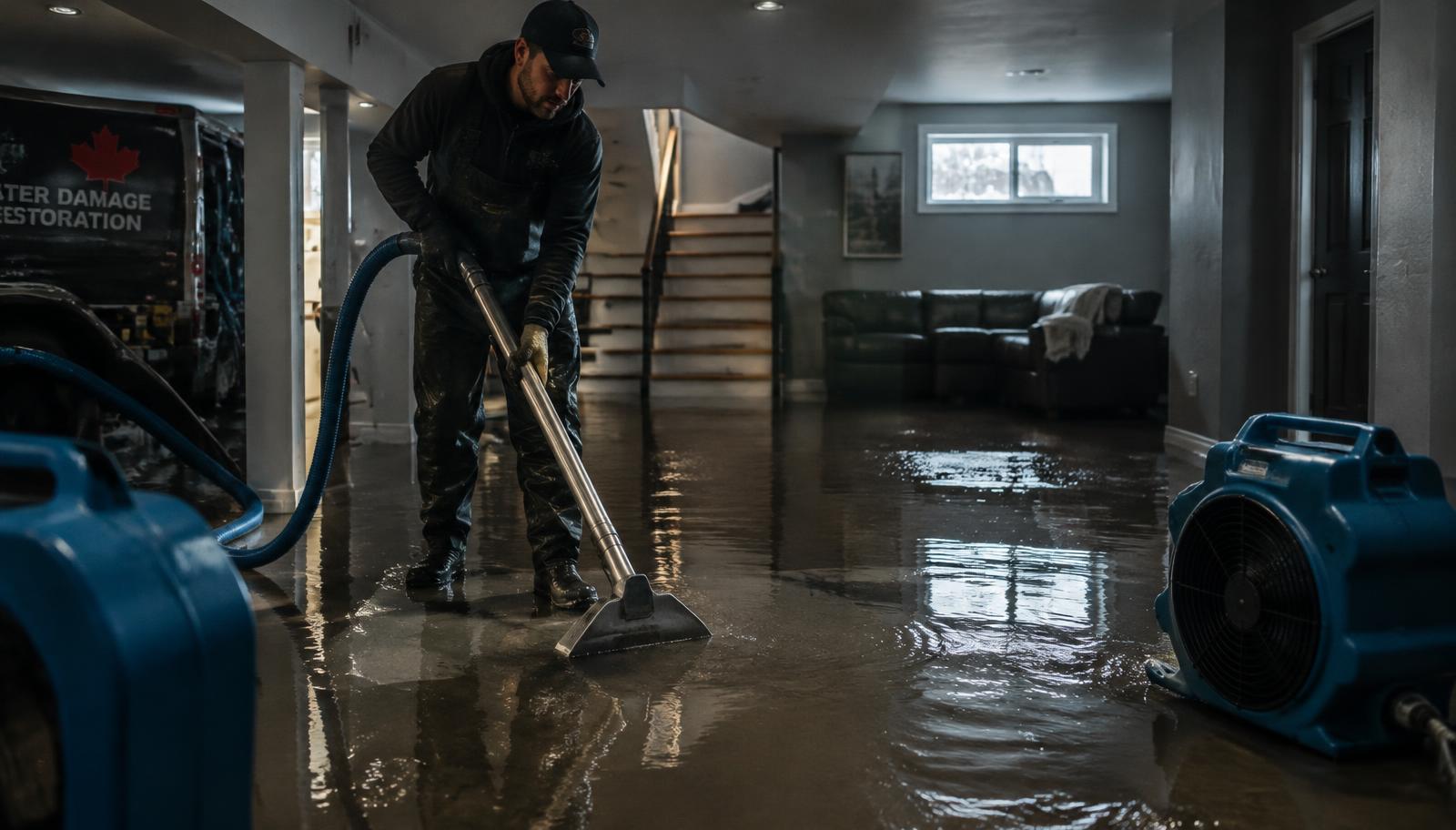 Technician extracting water from a flooded basement in a Kitchener home